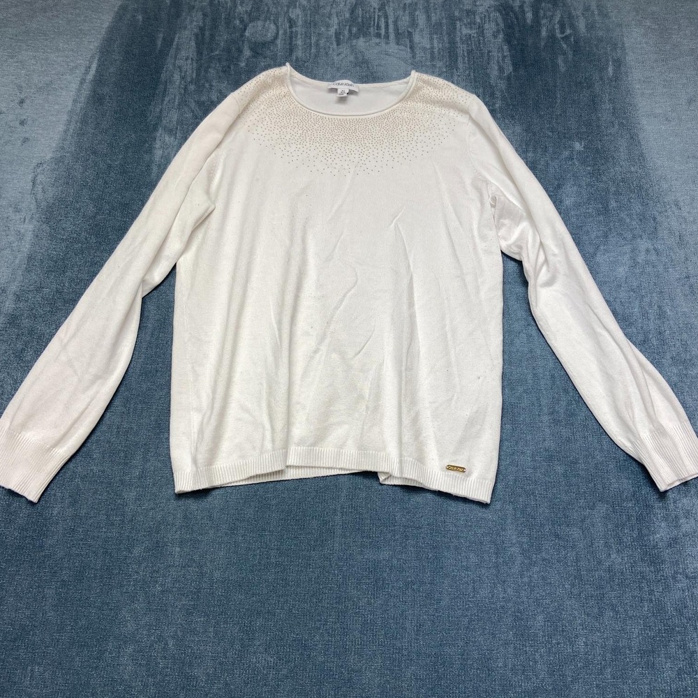 Calvin Klein Sweater Womens Large White Beaded Rayon Tight Knit Streetwear Cozy